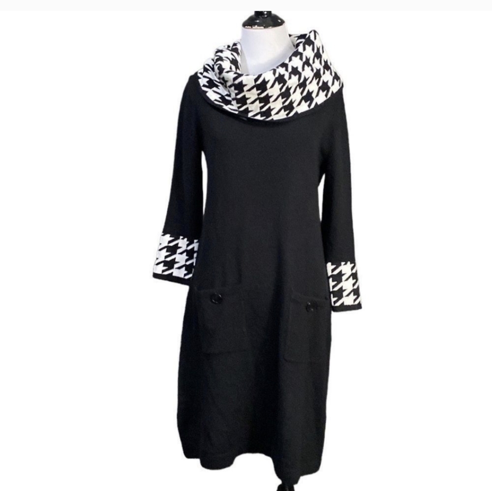 Studio I Black Sweater Dress Houndstooth Accent Cowl Neck
